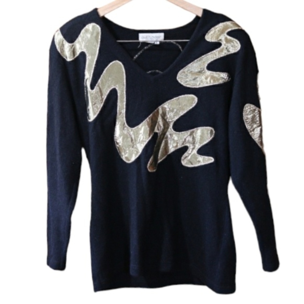 Outlander Vintage Black Metallic Gold Swirl Abstract Wool Angora Sweater